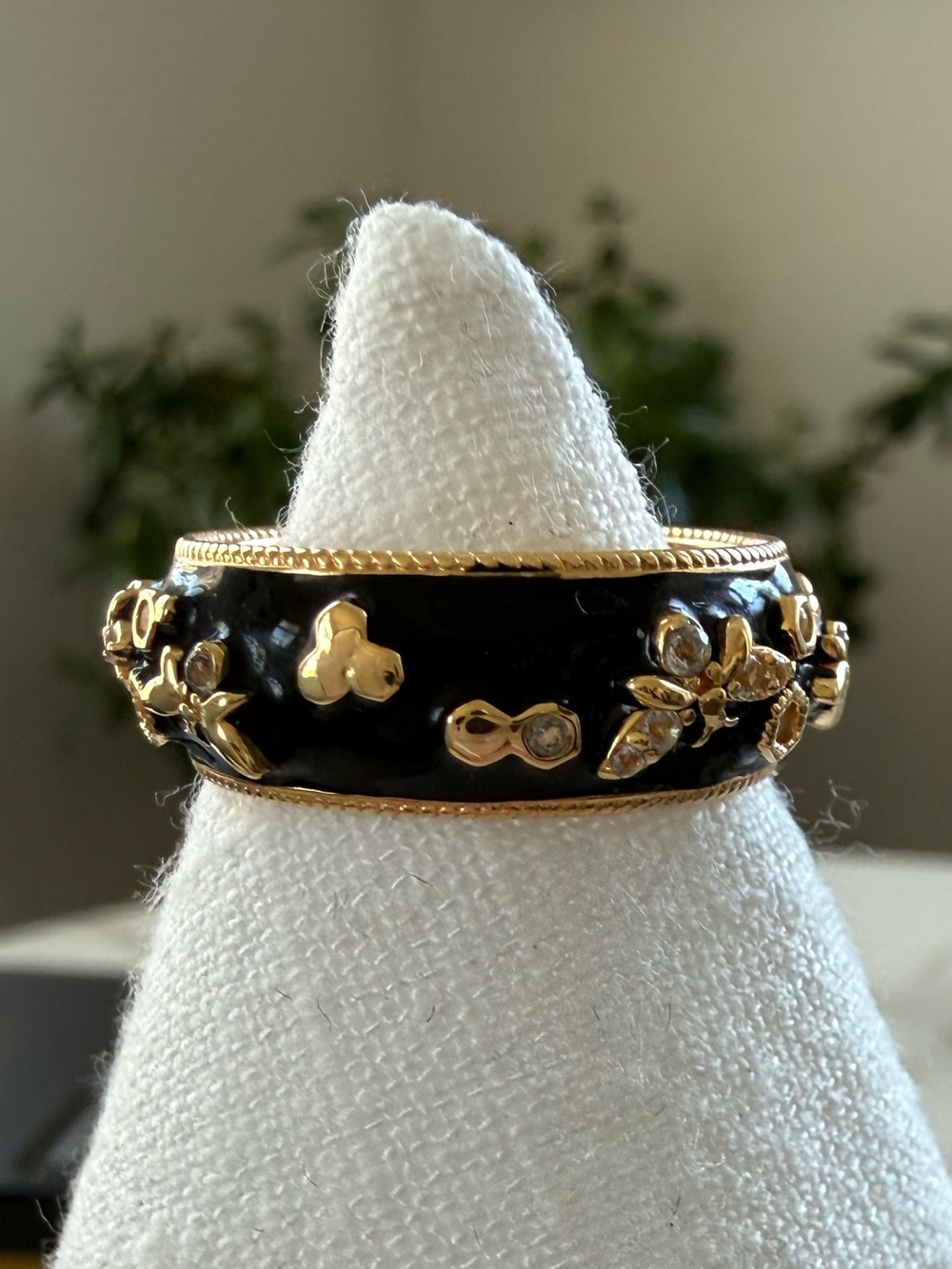 Gold and Black Enamel Floral Statement Ring